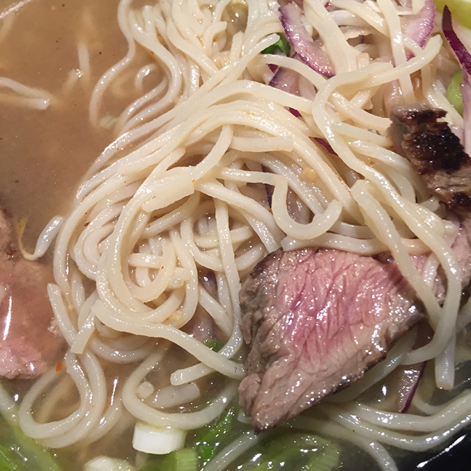 Noodles and Steak close up